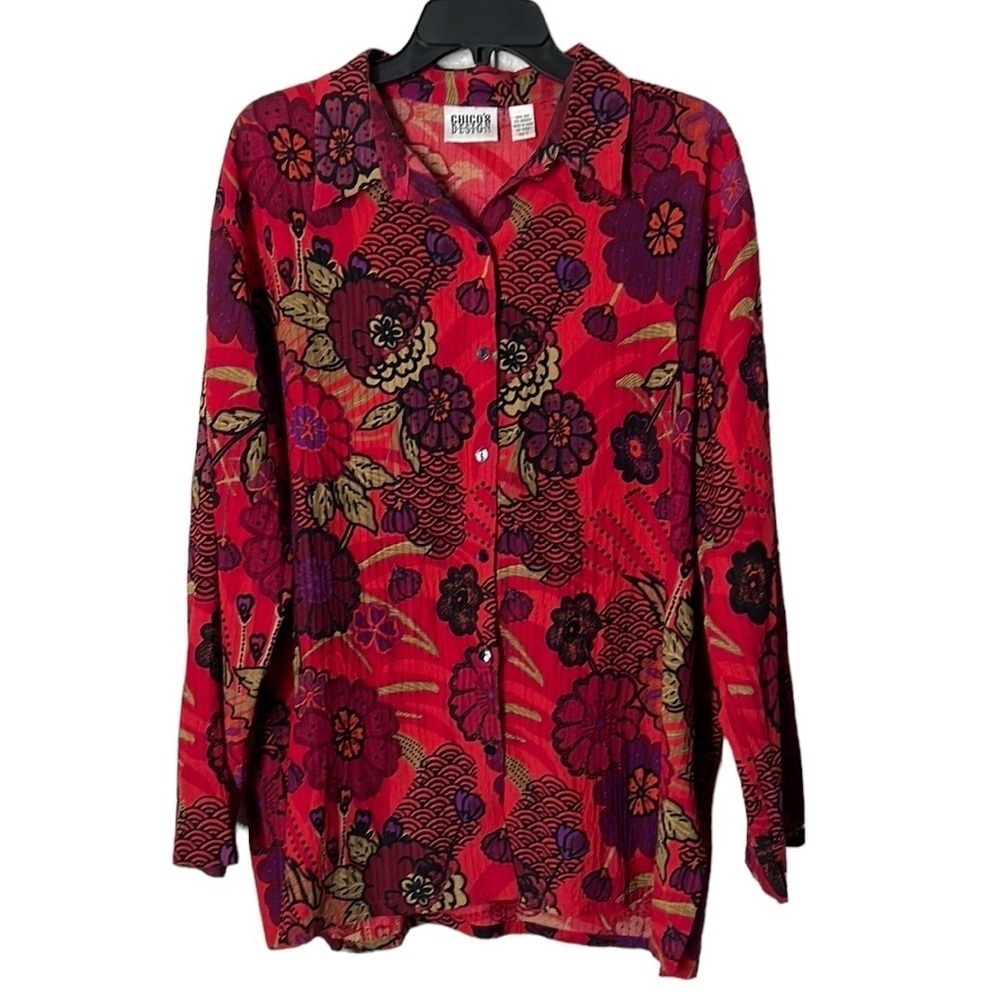 Chico’s Vintage Silk Blend Long Sleeve Longline Button Down Top Red/floral SzL